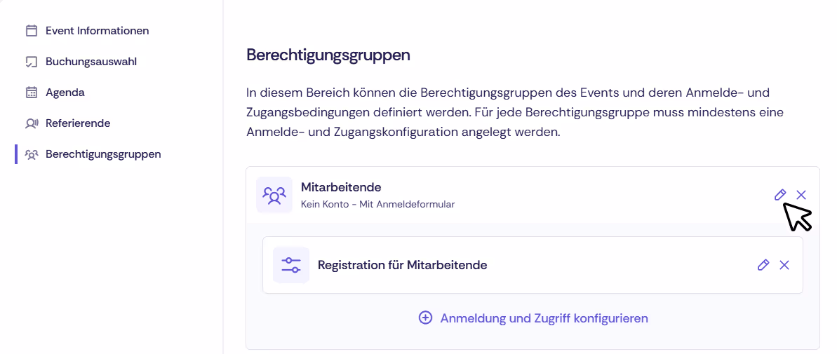 Screenshot der Berechtigungsgruppen in einem Event