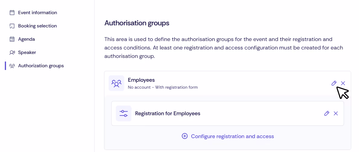 Screenshot of authorisation groups in an event