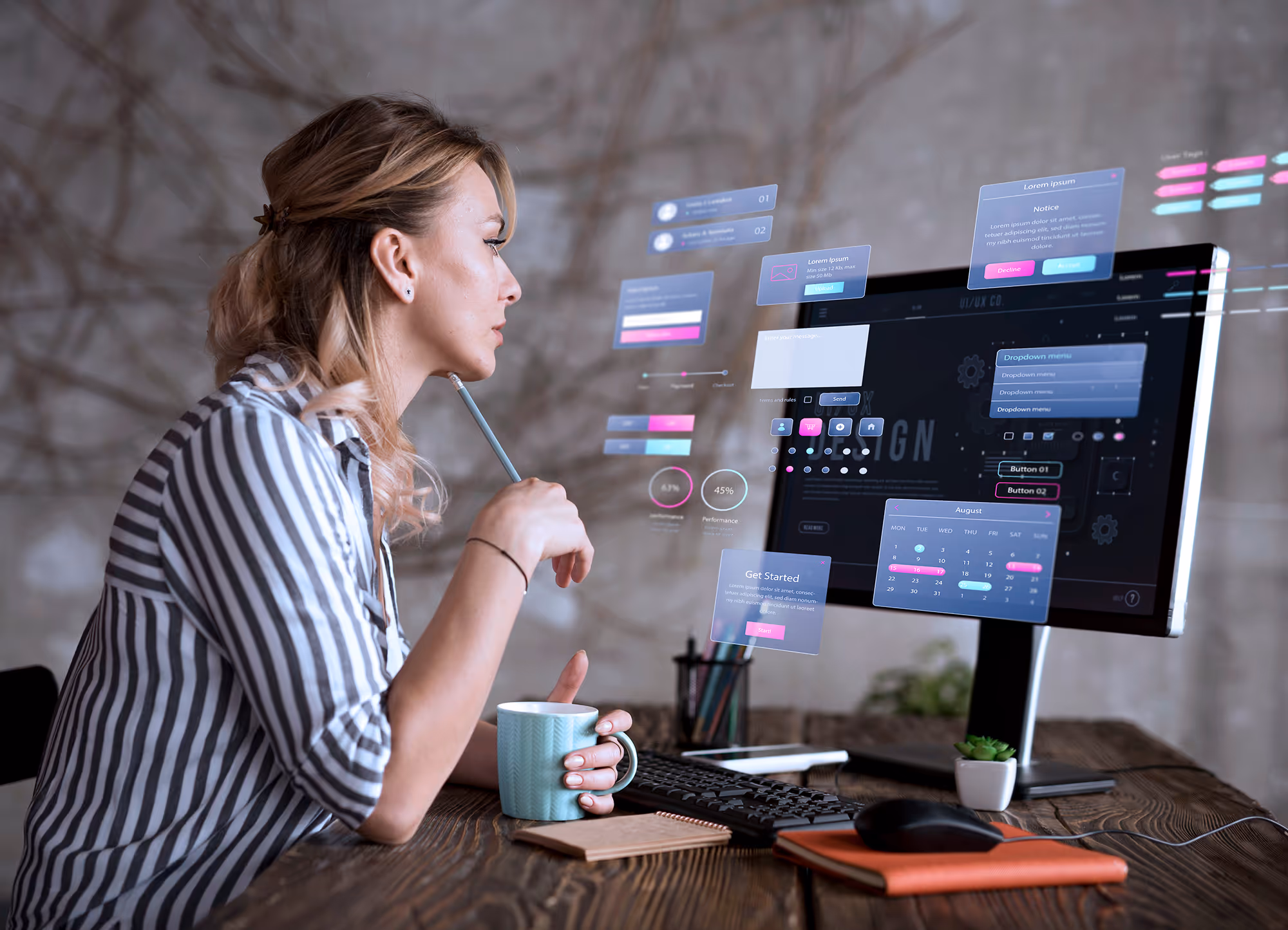 Une femme est assise devant un ordinateur, observant différents panneaux de contrôle de logiciels.