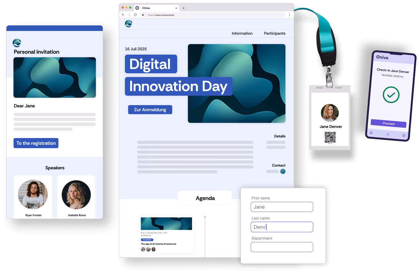 Screenshot of an event website, event agenda, email invitation and check-in app with the same branding, created using Oniva event software.