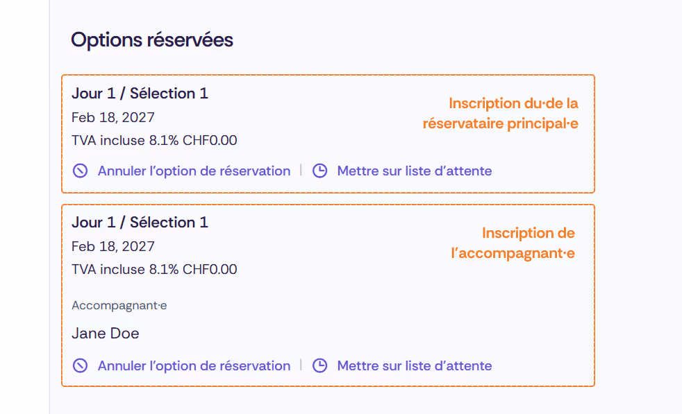 Réservation avec une option de réservation pour la personne principale et un·e accompagnant·e