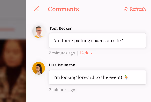 Guest comments displayed on an Oniva event website.