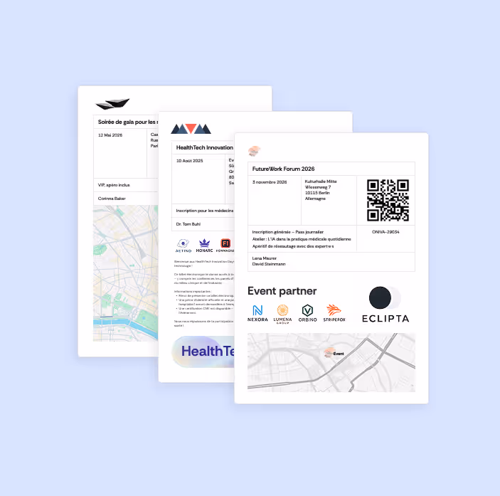 Trois billets électroniques différents pour des événements.