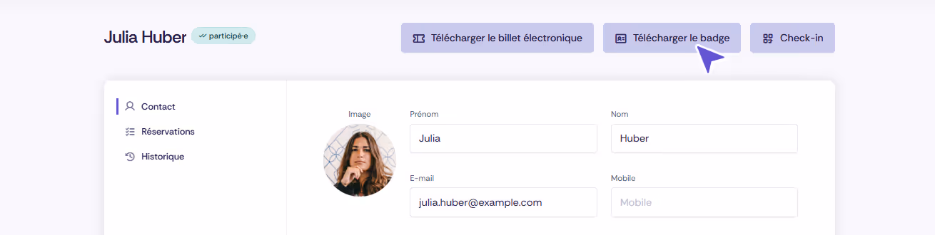 Téléchargement du badge d'un contact dans Oniva