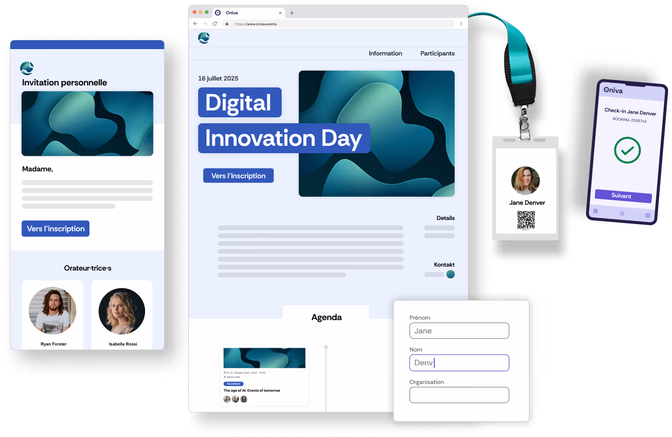 Capture d'écran d'un site web d'événement, d'un agenda d'événement, d'une invitation par e-mail et de l'app check-in avec la même marque, réalisée avec la plateforme événementielle Oniva.