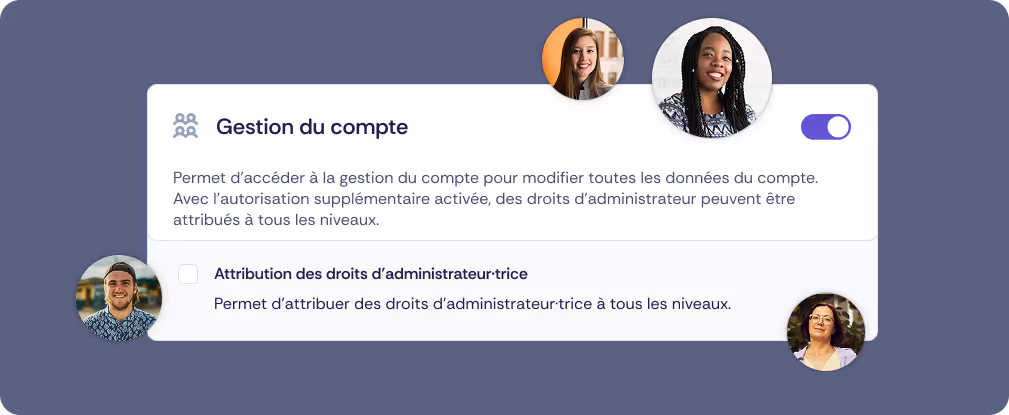 Section de gestion du compte avec l’autorisation activée pour attribuer des droits d’administrateur et une option supplémentaire pour gérer ces droits.