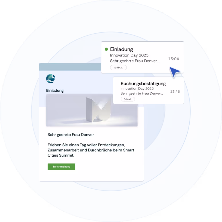 Illustration einer E-Mail-Kampagne in Oniva mit Vorschau einer Event-Einladung und Buchungsbestätigung in einem E-Mail-Postfach.