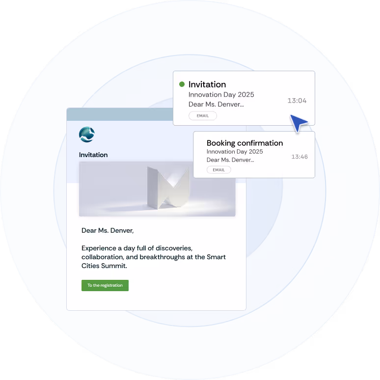 Illustration of an email campaign in Oniva showing a preview of an event invitation and booking confirmation in an email inbox.