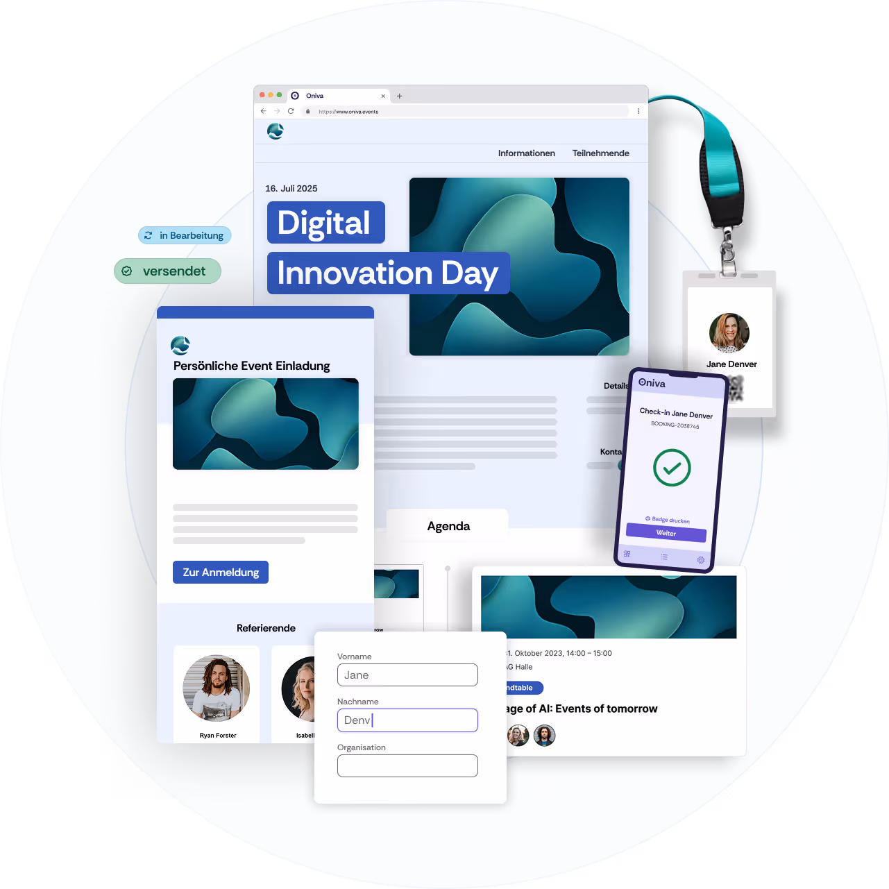 Screenshot einer Event Website, einer Event-Agenda, einer E-Mail-Einladung und der Check-In-App im gleichen Branding, erstellt mit der Oniva Event Software.