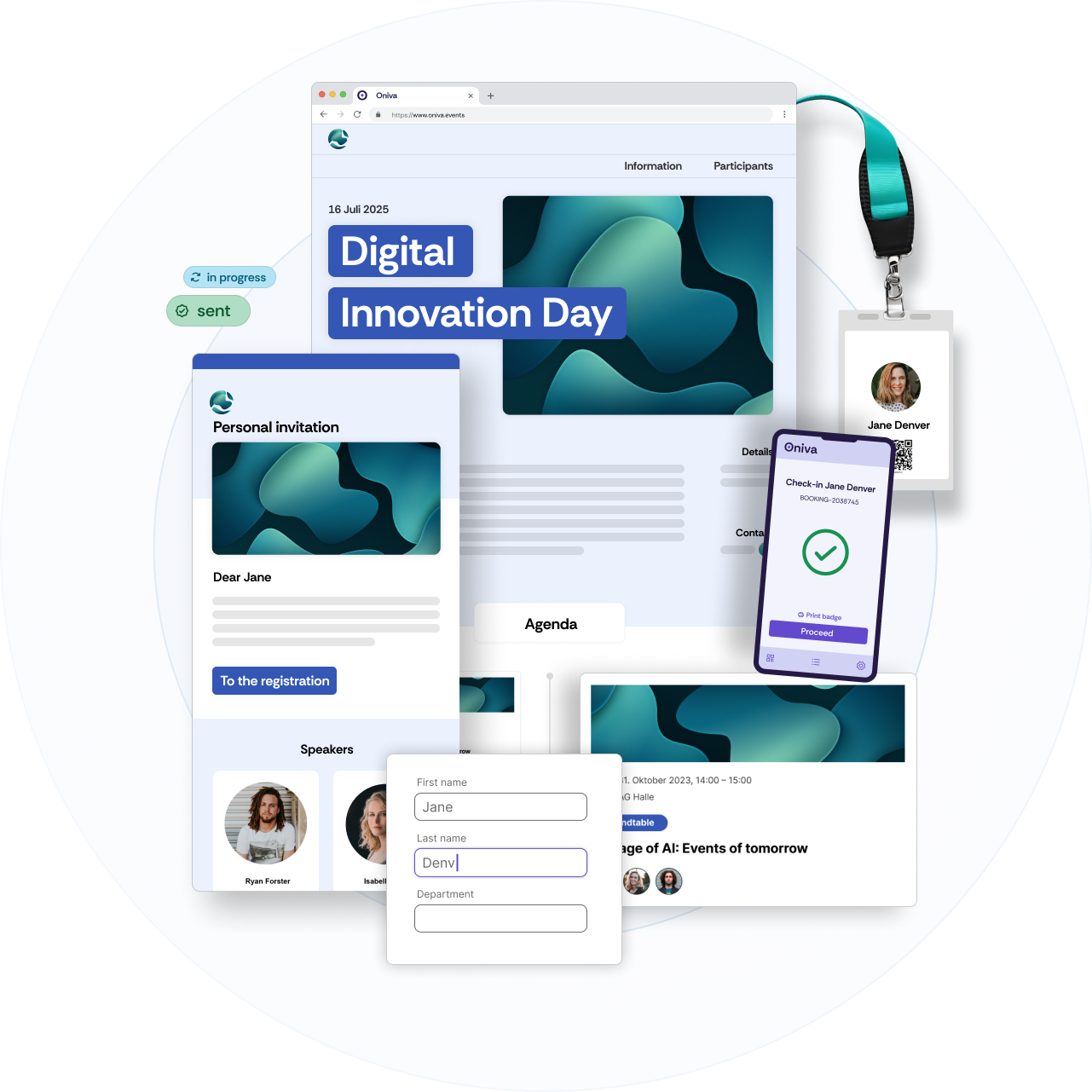 Screenshot of an event website, an event agenda, an email invitation and the check-in app in the same branding, created with Oniva Event Software.