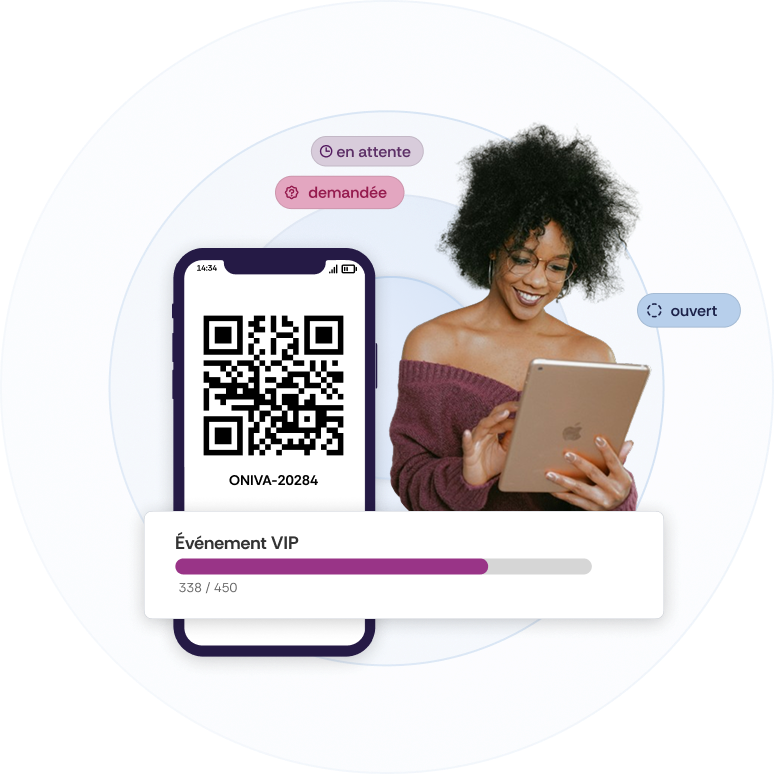 Une photo d’une femme utilisant une tablette. À côté d’elle, un badge événementiel personnalisé, une barre de contingents issue du tableau de bord événementiel, ainsi que plusieurs indicateurs de statut de réservation tels que « demandé », « en attente » et « ouvert ».