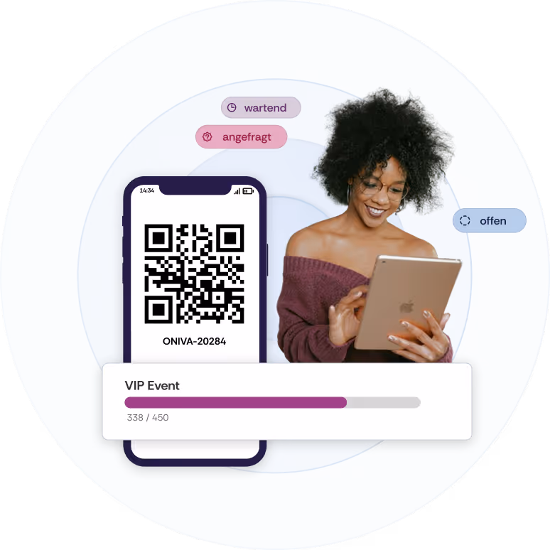 Ein Foto einer Frau, welche ein Tablet bedient. Neben ihr ist ein personalisierter Event Badge abgebildet sowie ein Kontingentbalken aus dem Event Dashboard und einige Event Status wie "Buchungen auf Anfrage", "Rabatte", und "Wartelisten".