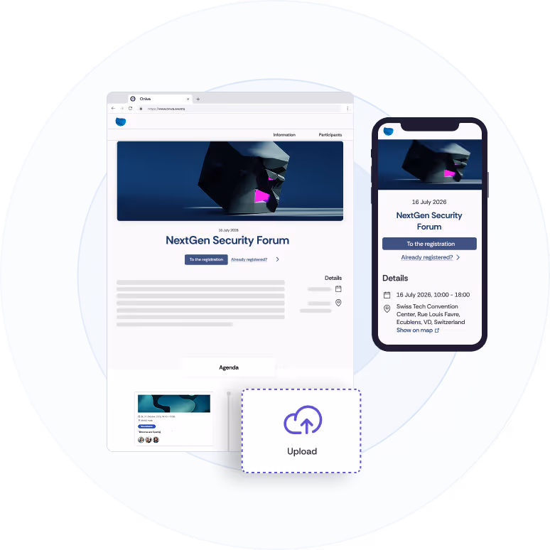 Illustration of an event website on mobile and desktop. The desktop view features a drag-and-drop element, highlighting the website’s flexibility and customizability.