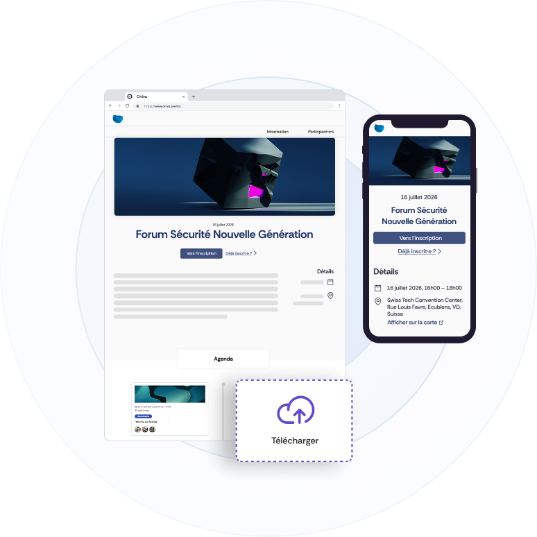 Illustration d’un site web événementiel sur mobile et ordinateur de bureau. La version bureau présente un élément de glisser-déposer, illustrant la flexibilité d’extension du site.