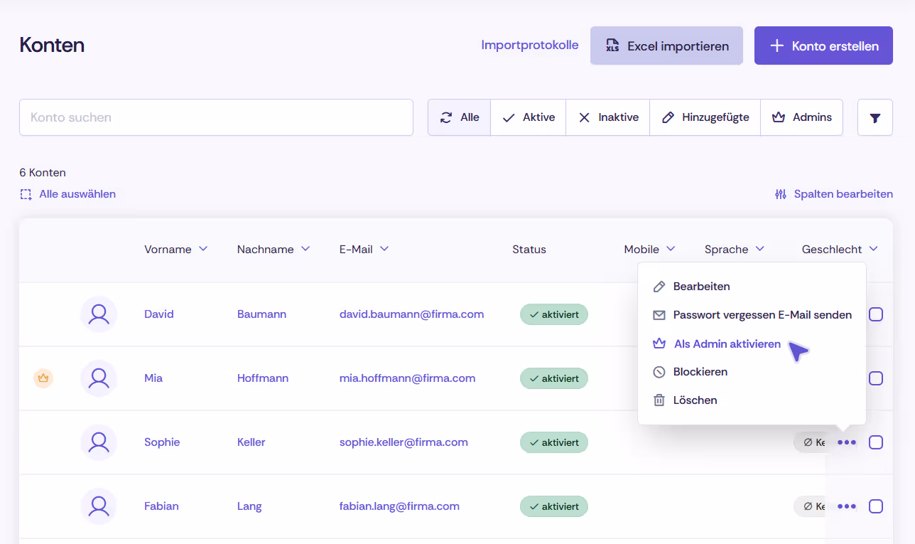 Konten als Admin aktivieren in Oniva.