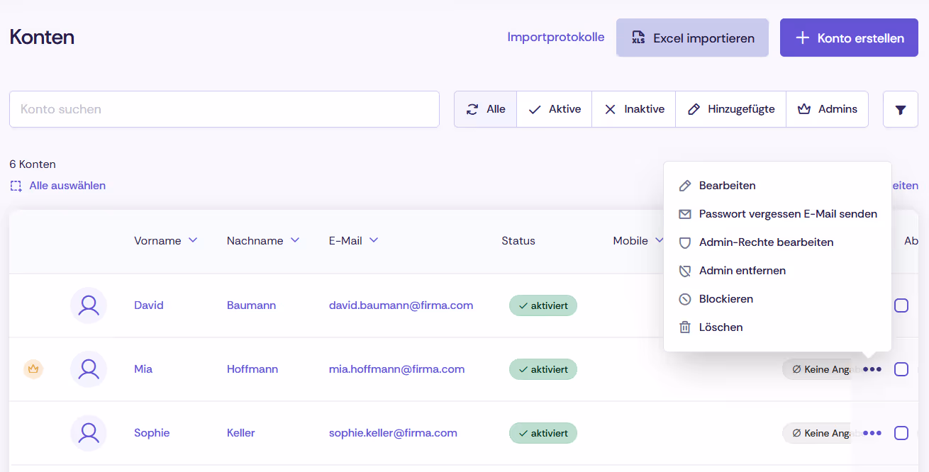 Kontoliste auf dem Mandanten in Oniva.
