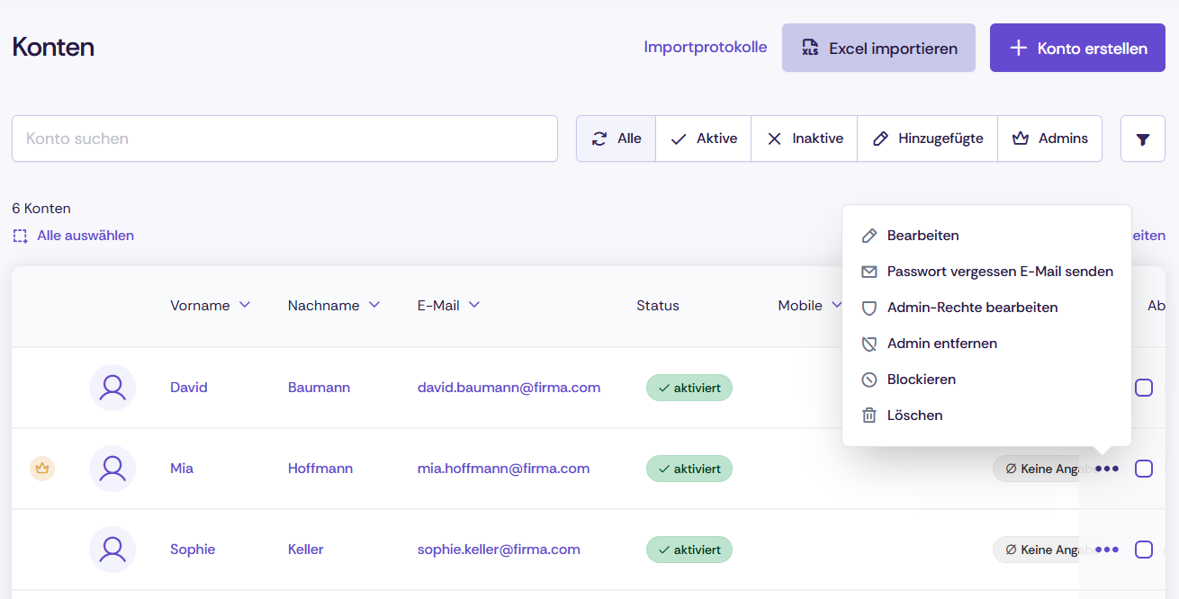Kontoliste auf dem Mandanten in Oniva.