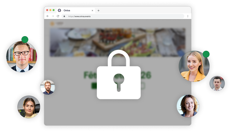 Un site d’événement marqué par une icône de cadenas indique qu’il est fermé ou privé. Les photos de profil des utilisateur·rice·s sont affichées à côté.