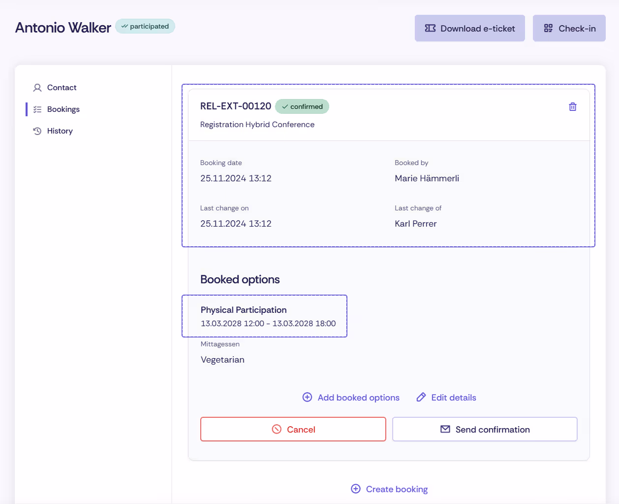 Screenshot of a booking on Oniva with a booking option.