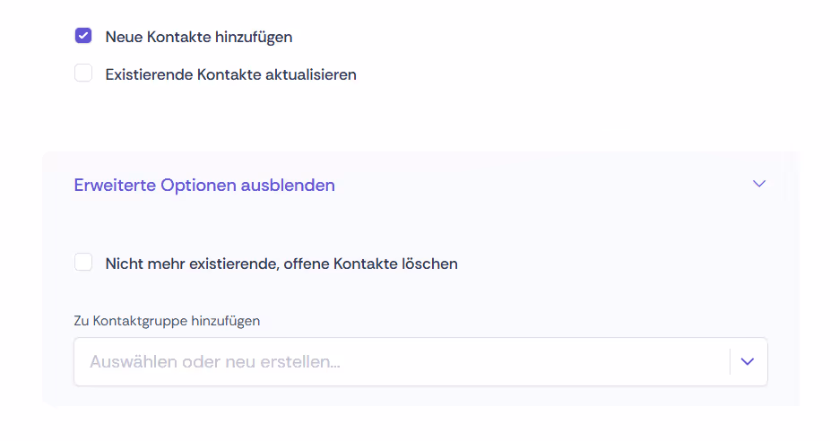 Screenshot der verschiedenen Importoptionen in Oniva.