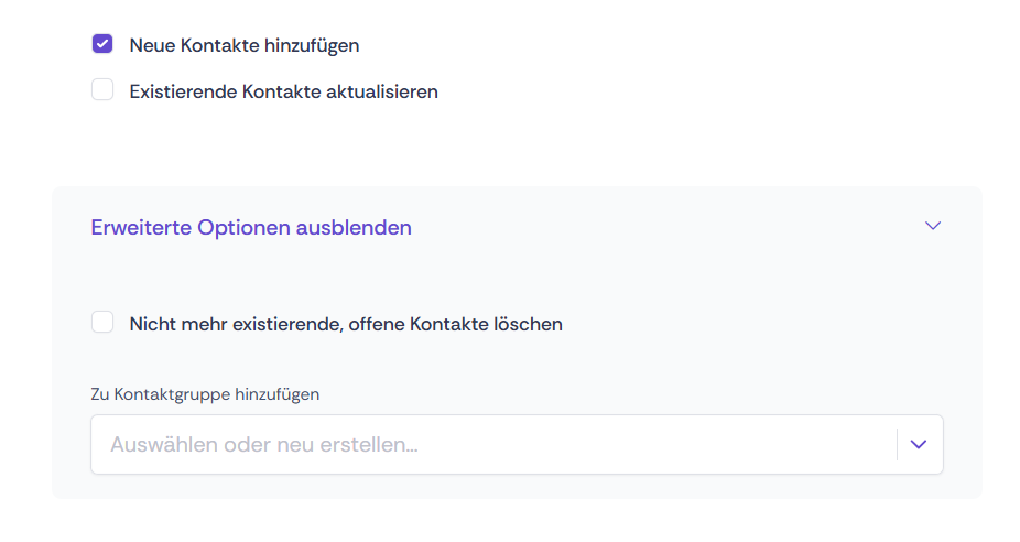 Screenshot der verschiedenen Importoptionen in Oniva.
