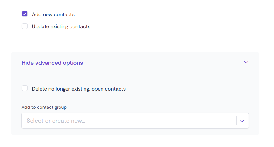 Screenshot of the various import options in Oniva.