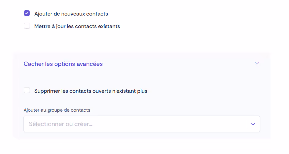 Capture d'écran des différentes options d'importation dans Oniva.