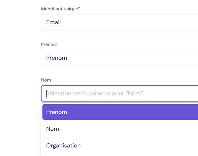 Capture d'écran de l'attribution des colonnes du tableau.