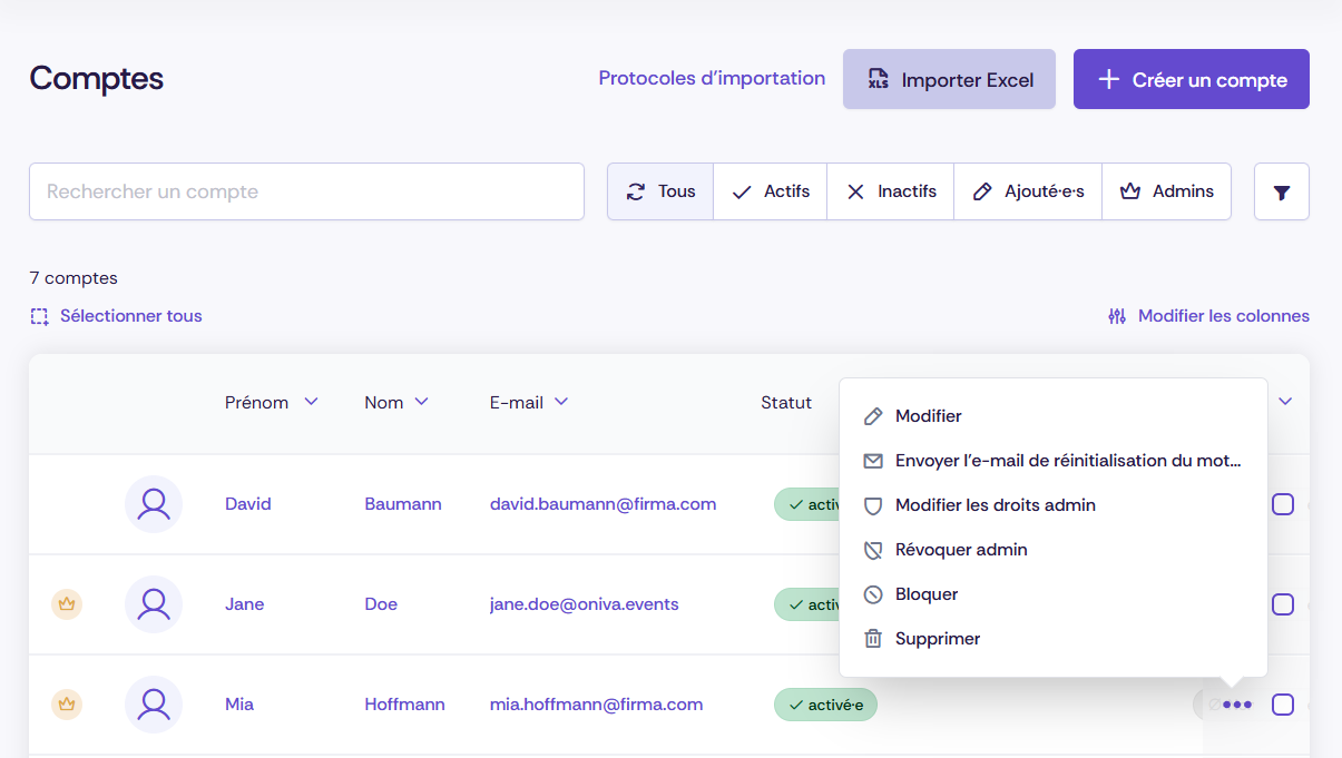 Liste des comptes sur le locataire dans Oniva