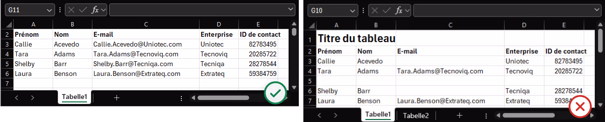 Deux tableaux Excel configurés conformément aux exigences de formatage d’Oniva.