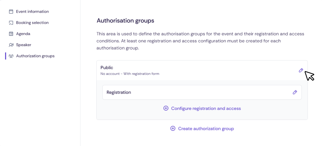 Screenshot of authorisation groups in an event.
