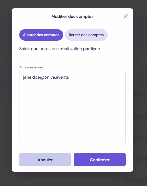 Capture d’écran montrant la saisie des données des comptes pour gérer les groupes de comptes.