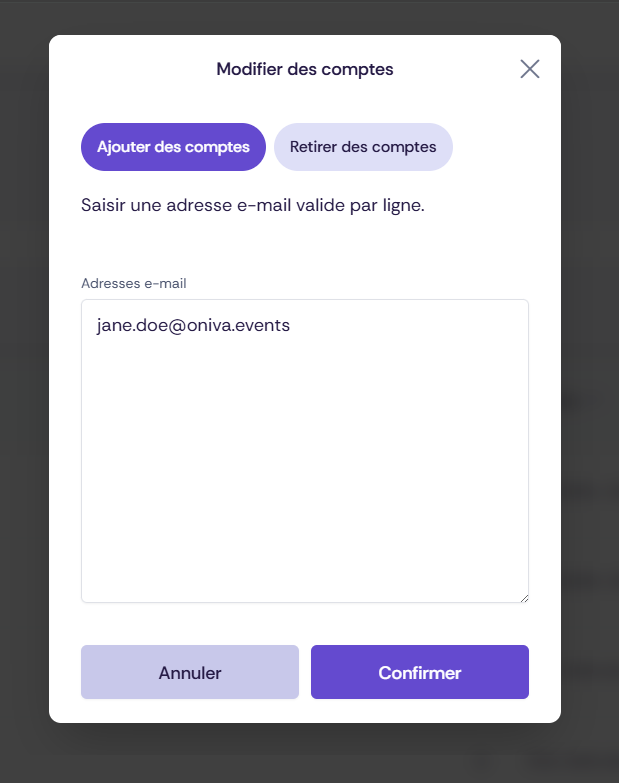 Capture d’écran montrant la saisie des données des comptes pour gérer les groupes de comptes.