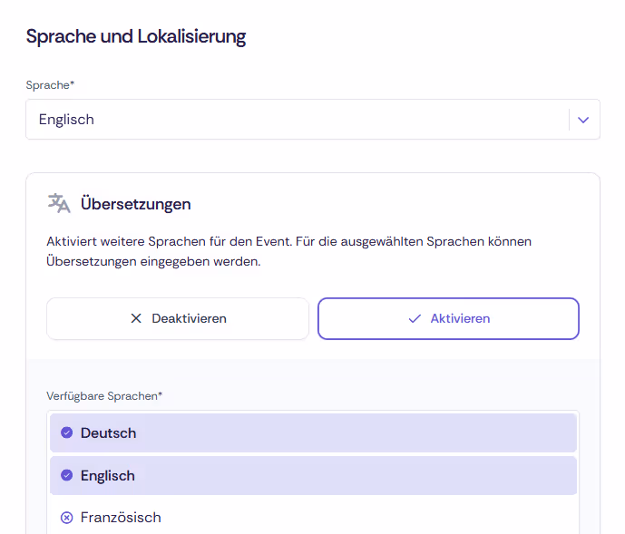 Konfiguration von Sprachen in Events.
