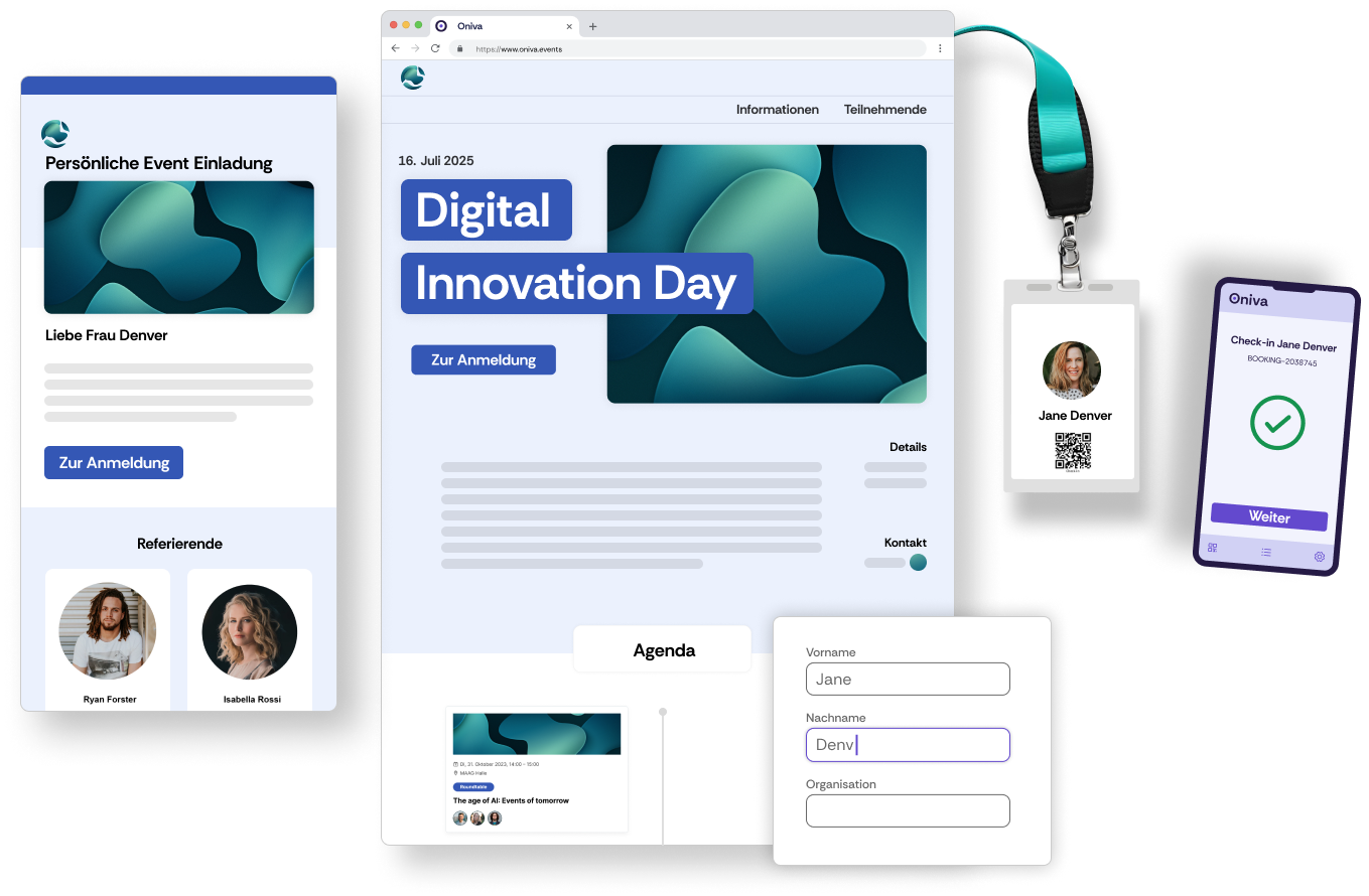 Screenshot einer Event Website, einer Event-Agenda, einer E-Mail-Einladung und der Check-In-App im gleichen Branding, erstellt mit der Oniva Event Software.