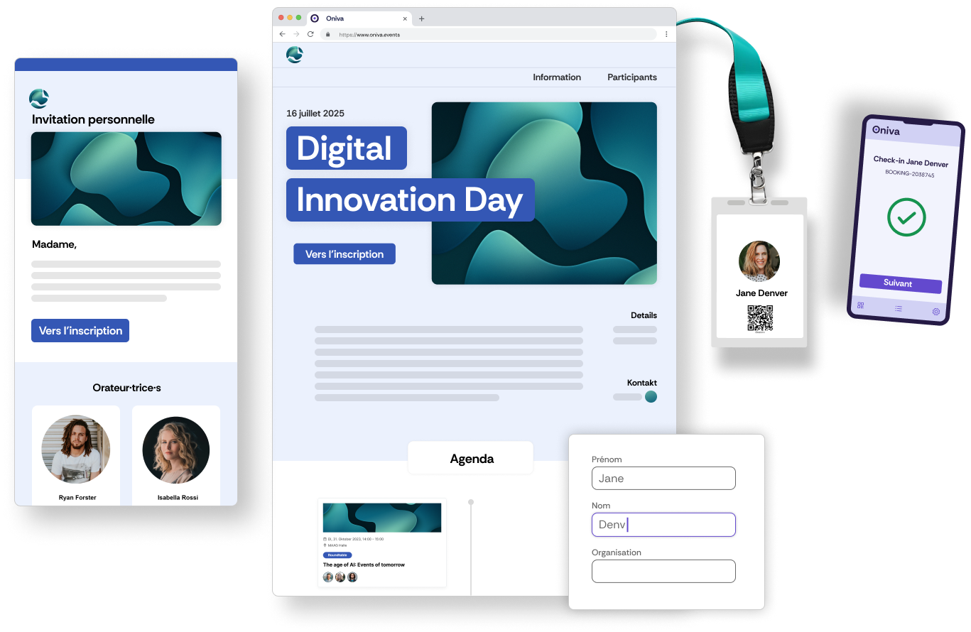Capture d’écran d’un site événementiel, d’une agenda, d’une invitation e-mail et de l’app de check-in dans le même branding, créés avec le logiciel événementiel Oniva.