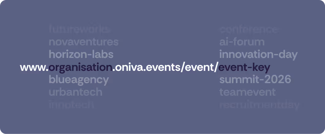 Display of a custom event URL on oniva.events with placeholders for the organization name and event key.