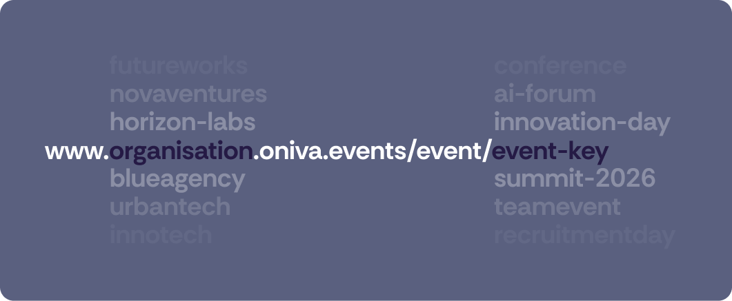 Darstellung einer individuellen Event-URL auf oniva.events mit Platzhaltern für Organisationsnamen und Event-Key.