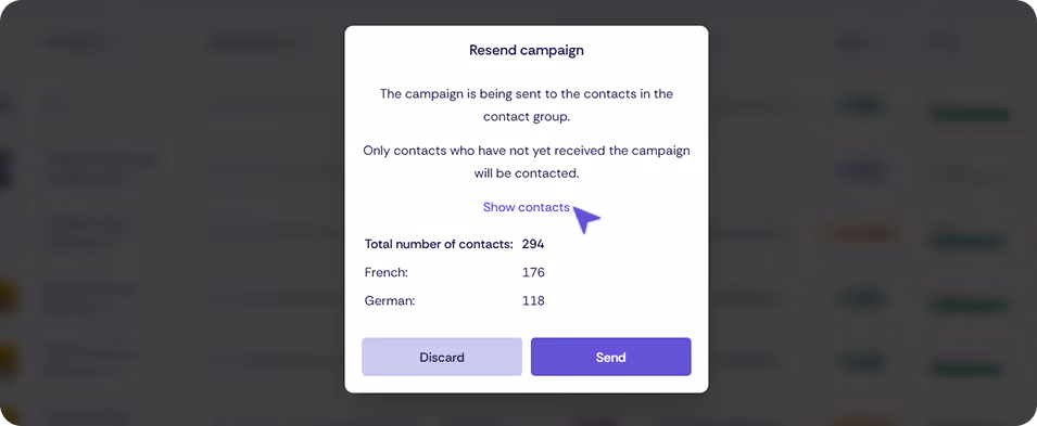 Confirmation dialog for resending a campaign, indicating that only contacts who have not yet received it will be contacted, including a breakdown by language and the Cancel and Send buttons.
