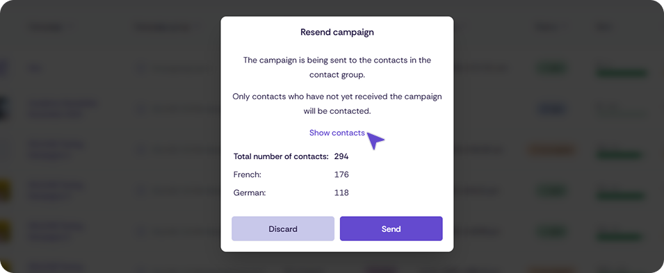 Confirmation dialog for resending a campaign, indicating that only contacts who have not yet received it will be contacted, including a breakdown by language and the Cancel and Send buttons.
