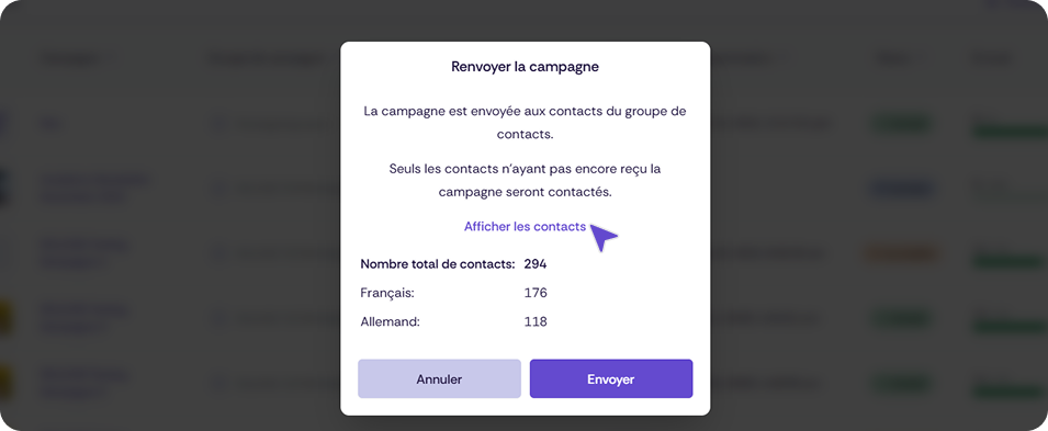 Boîte de dialogue de confirmation pour renvoyer une campagne, indiquant que seuls les contacts non encore atteints seront contactés, avec une répartition par langue et les boutons Annuler et Envoyer.