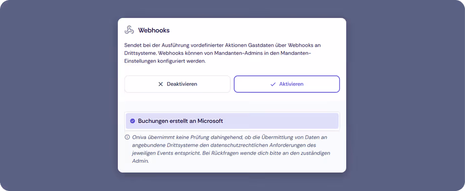Einstellungsdialog zum Aktivieren oder Deaktivieren von Webhooks für die Übermittlung von Gastdaten an Drittsysteme.