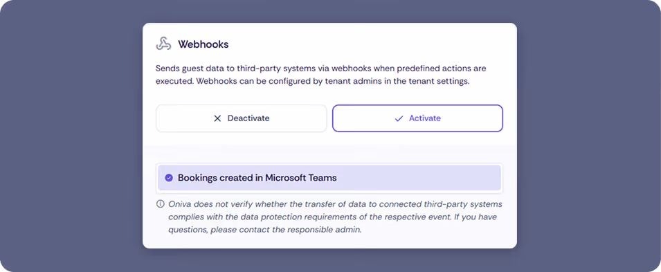 Settings dialog to enable or disable webhooks for sending guest data to third-party systems.