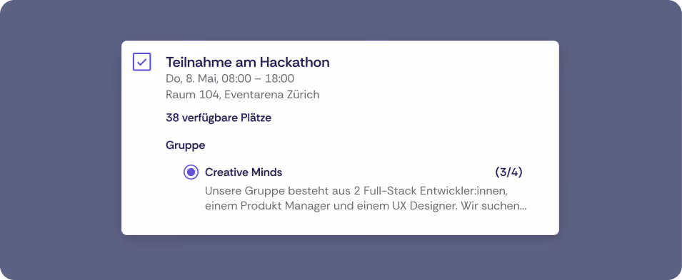 Booking option for hackathon participation with selectable group and available spots indicator.