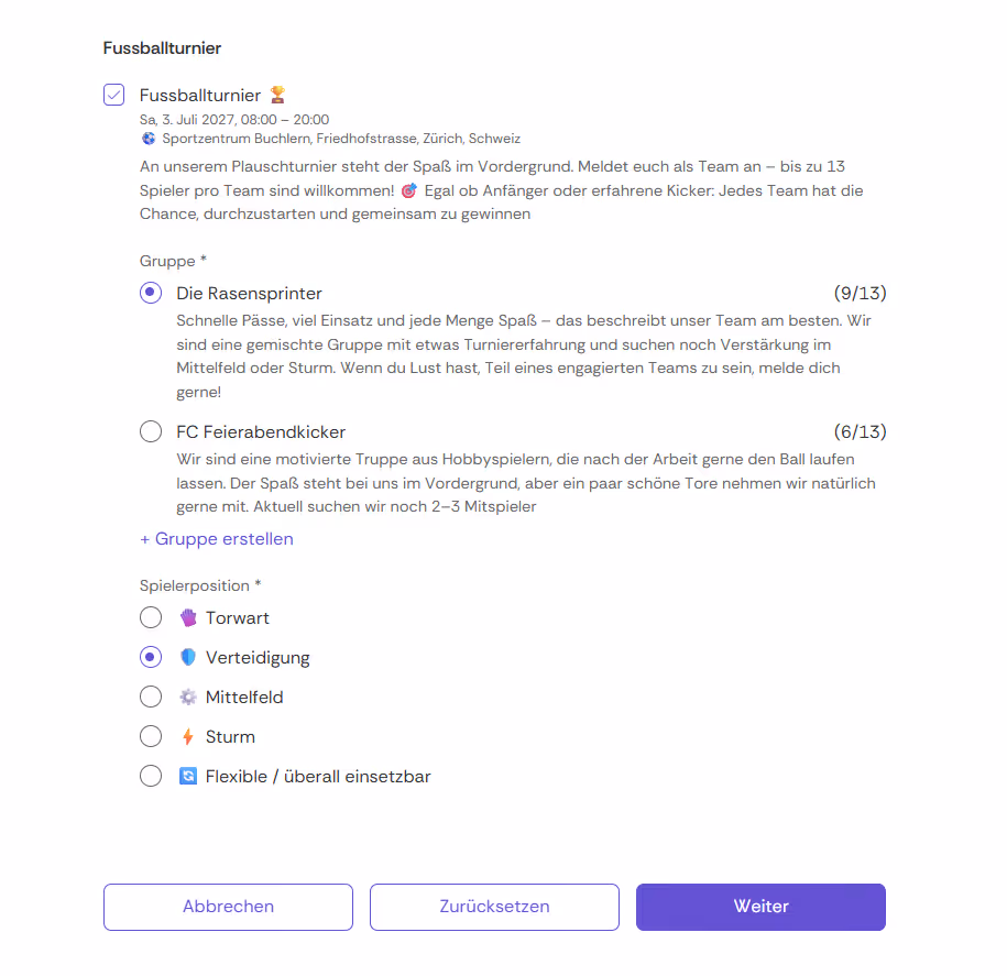 Buchungsformular eines Events mit Auswahl vorhandener Gruppen, Anzeige der aktuellen Gruppengröße sowie Auswahl der Spielerposition.