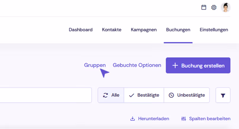 Adminbereich der Eventplattform mit geöffneter Registerkarte „Gruppen“ im Bereich „Buchungen“. Sichtbar sind Filteroptionen sowie der Button „Buchung erstellen“