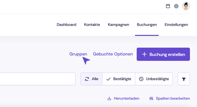 Adminbereich der Eventplattform mit geöffneter Registerkarte „Gruppen“ im Bereich „Buchungen“. Sichtbar sind Filteroptionen sowie der Button „Buchung erstellen“