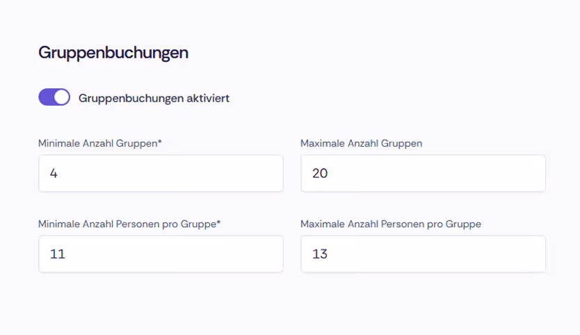 Konfigurationsbereich für Gruppenbuchungen mit aktivierter Option sowie Feldern für minimale und maximale Anzahl von Gruppen und Personen pro Gruppe.