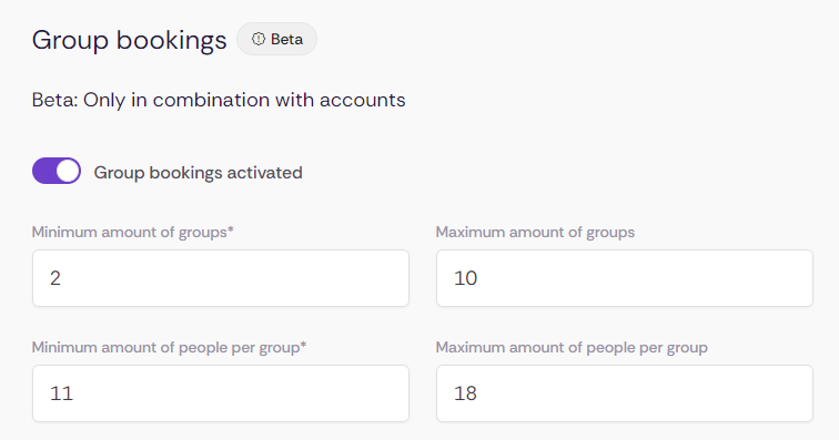 Configuration page for group bookings with the feature enabled and fields for minimum and maximum numbers of groups and people per group.