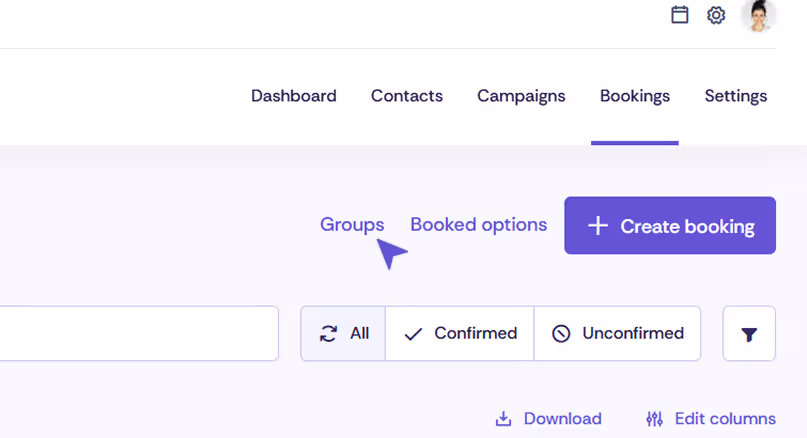 Admin interface of the event platform with the “Groups” tab open in the “Bookings” section, showing filters and a “Create booking” button.